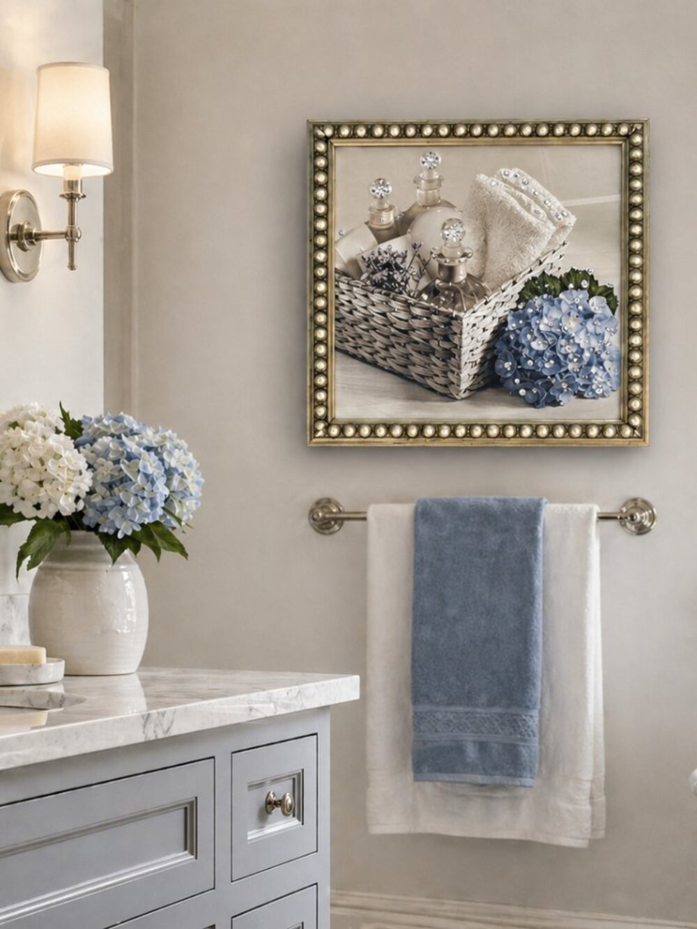 Rhinestone Spa Hydrangea Glass Framed Picture